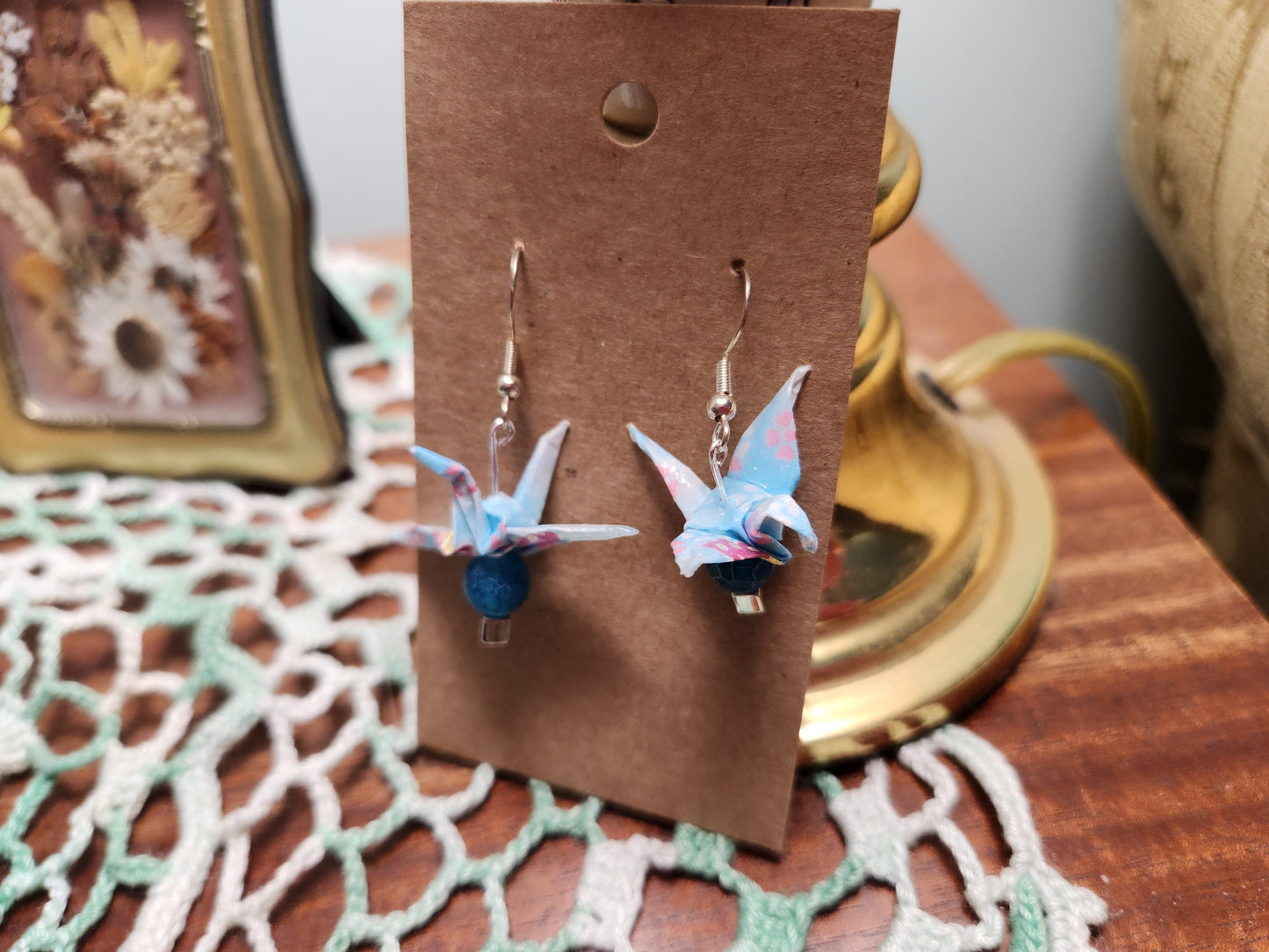 Delicate Blue Origami Crane Earrings